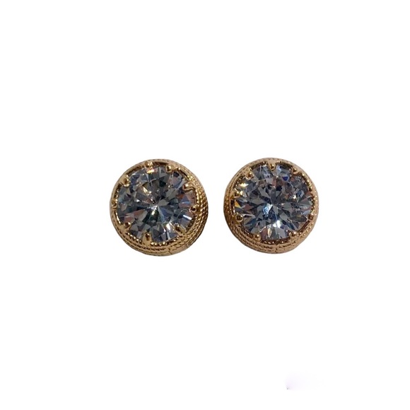 Gold and clear cubic zirconia post earrings. - Picture 2 of 4